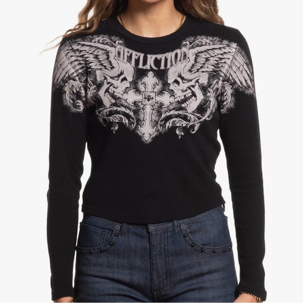 NWT Affliction Small Cropped Crew Neck Thermal Long Sleeve With Cross Skulls